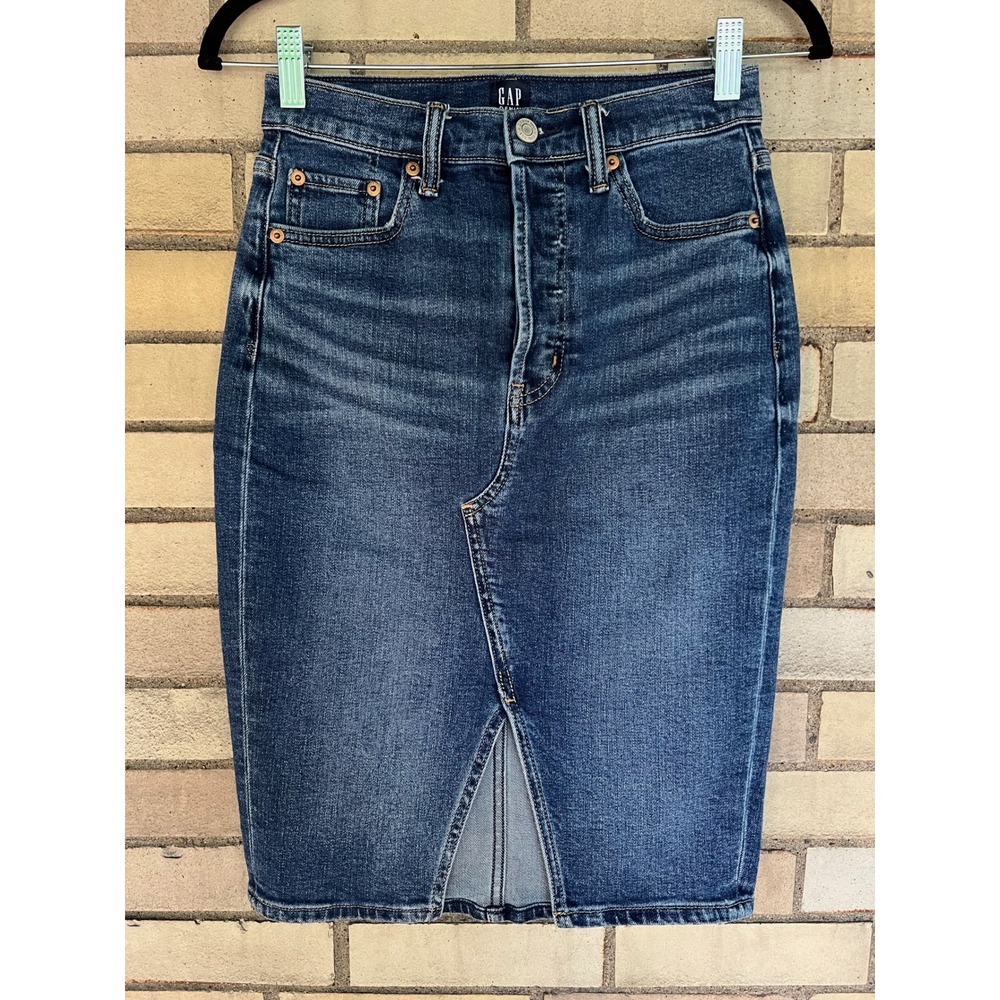 Gap Denim High Waisted Button Fly Pencil Skirtโ Dark Wash Blue Size 0/25